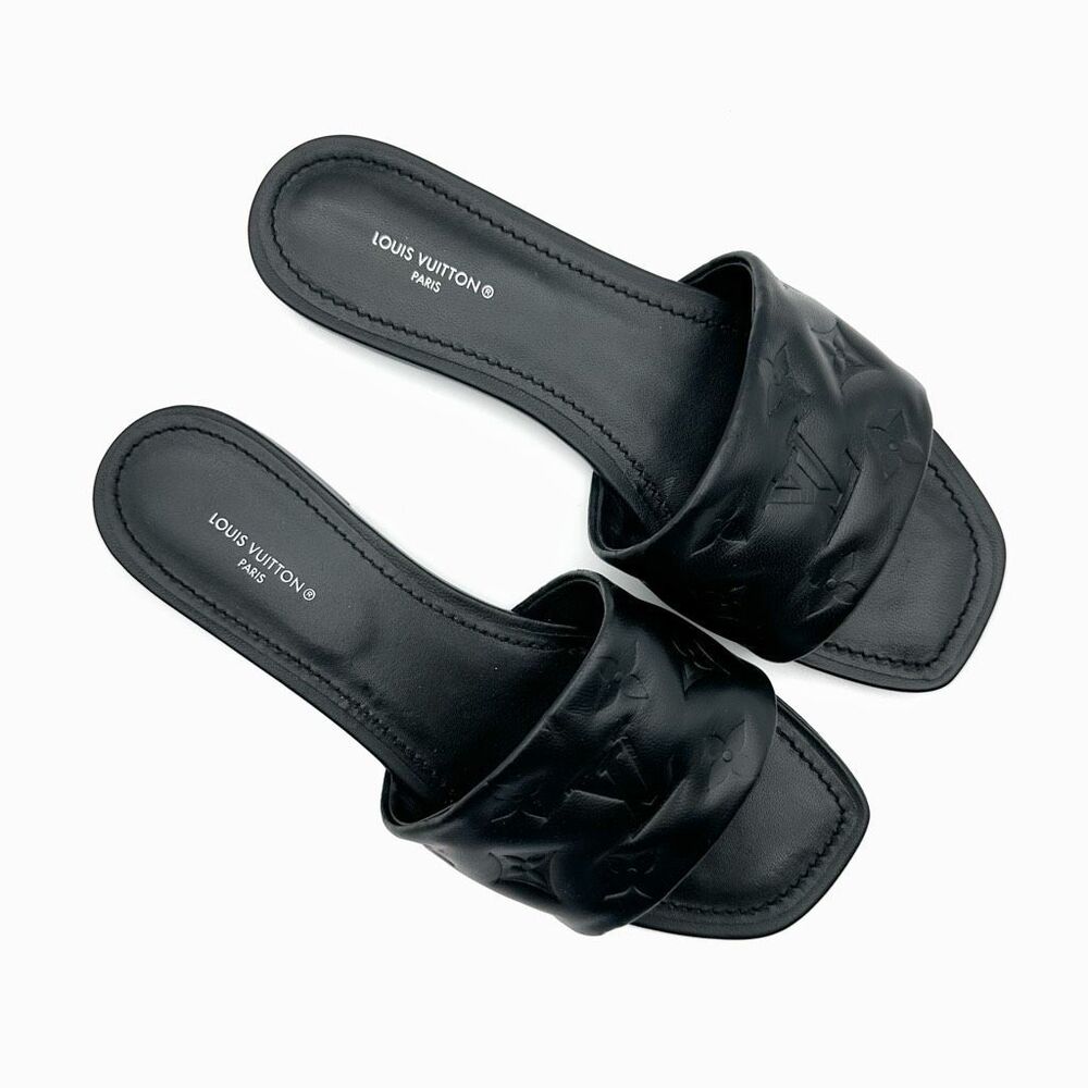 LOUIS VUITTON Embossed Monogram Revival Flat Mules Size 37 Black Logo Slides - Picture 3 of 12